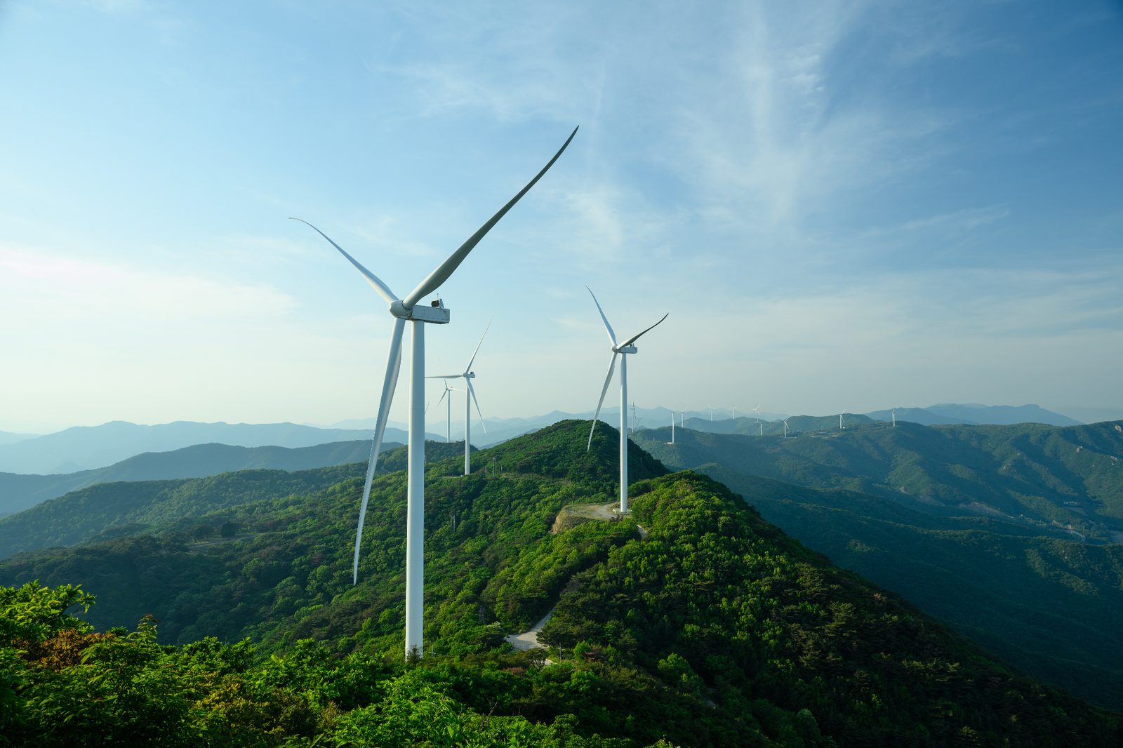 Wind turbines on a ridge in complex terrain